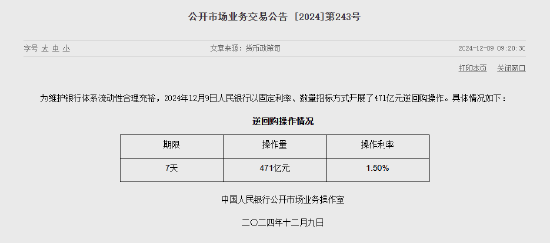 央行：今日进行471亿元7天期逆回购操作 中标利率为1.50%